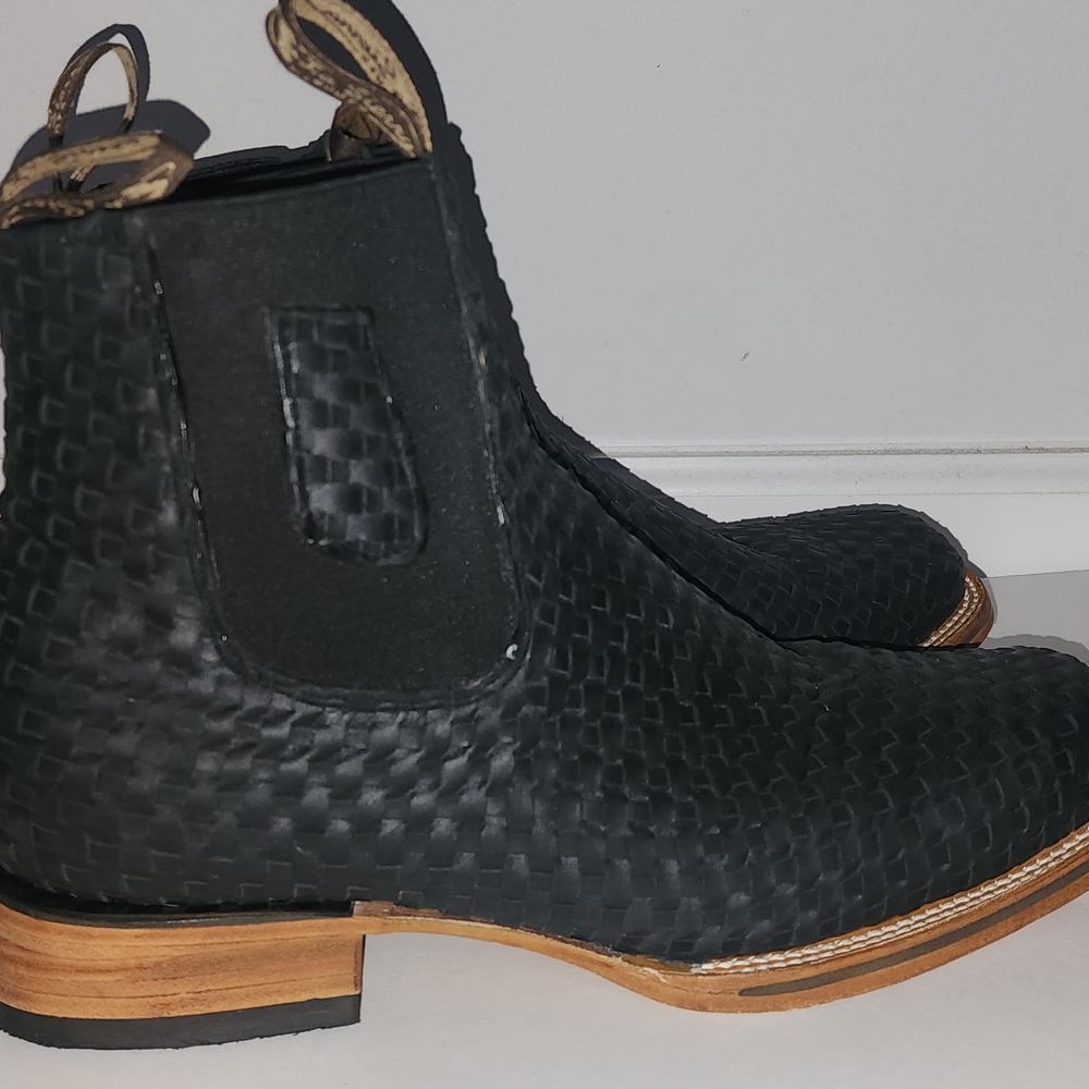 Black Woven Leather Chelsea Boots